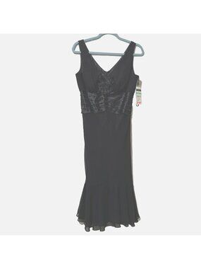 Cachet Black Sleeveless Evening Dress Satin Beaded Waist Floral Accent Sz 8 NEW